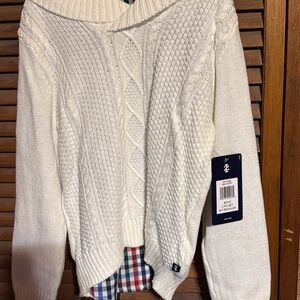 Izod Cream Cable Knit Sweater with button up shirt.   NWT